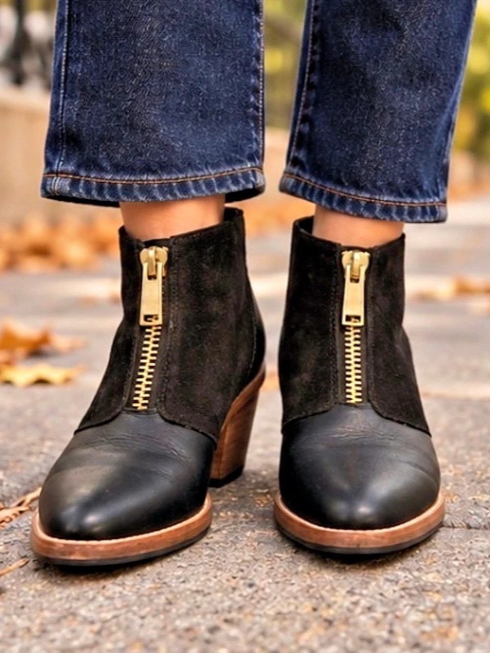 Poppy Barley Black Leather & Suede Front-Zip Ankle Boots 7.5